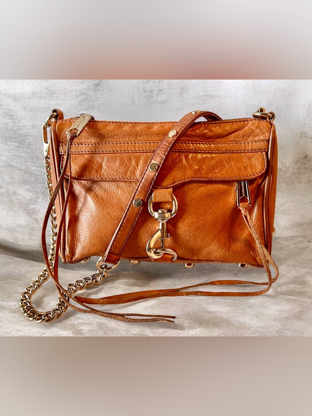 REBECCA MINKOFF MINI MAC TAN CROSSBODY Leather Handbag Purse Gold Studs  9”x6”